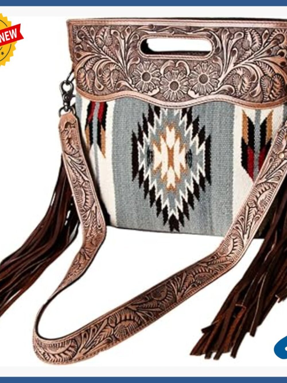 Genuine Leather Crossbody Bag with Fringes, Hand Tooled Floral Design, Western
